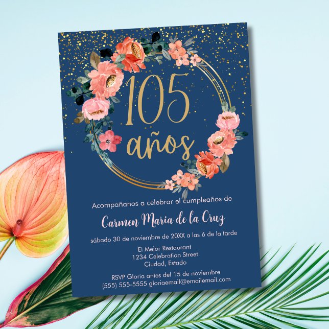 Invitation Élégant Chic Espagnol Bleu Rose 105e Anniversaire (Créateur téléchargé)