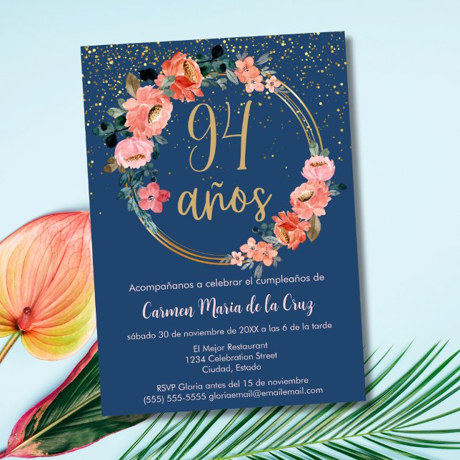 Invitation Élégant Chic Espagnol Bleu Rose 94e Anniversaire (Créateur téléchargé)