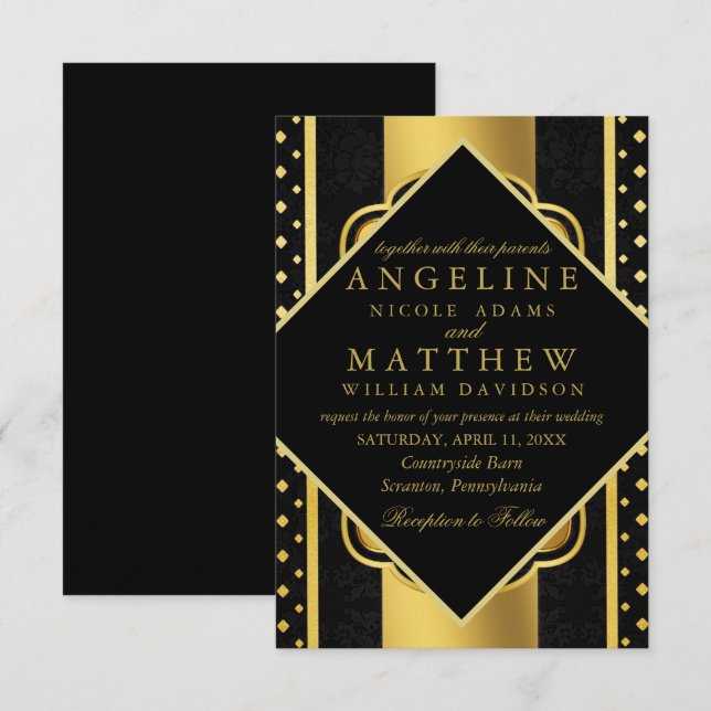 Invitation Élégant chic faux or blanc moderne Mariage Gatsby (Devant / Derrière)