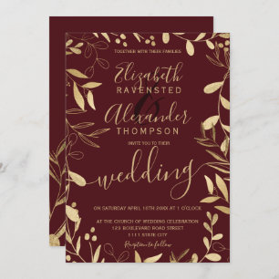 Invitation Élégant chic feuille or bouillon mariage floral bo