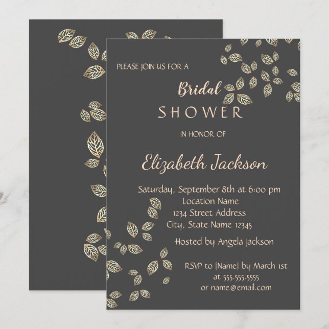 Invitation Élégant Chic Feuilles D'or Baby Shower (Devant / Derrière)