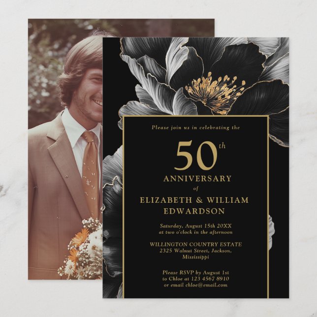 Invitation Élégant Chic Fleur Black And Gold Photo 50e Annive (Devant / Derrière)