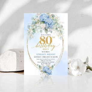 Invitation Élégant Chic Fleur Bleu Poussiéreux 80e Anniversai