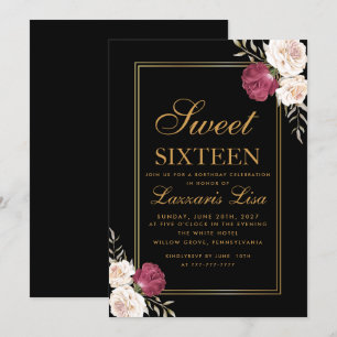 Invitation Élégant chic Fleur Sweet Seize Anniversaire Noir