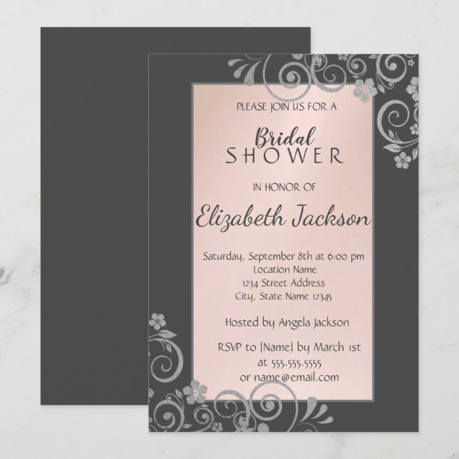 Invitation Élégant Chic Fleurs Argentées Mariage (Devant / Derrière)