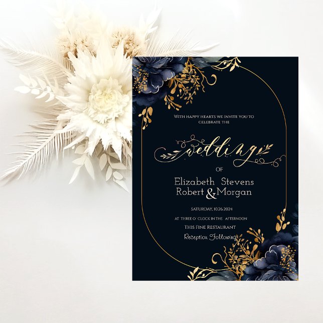 Invitation Élégant Chic Fleurs Bleu Marine Mariage (Créateur téléchargé)