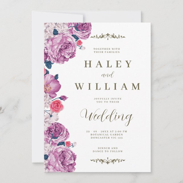 Invitation Élégant Chic Fleurs de mariage violet poussiéreux (Devant)