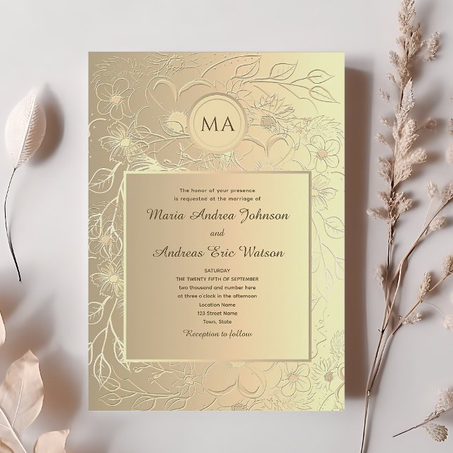 Invitation Élégant Chic Fleurs Mariage Or (Créateur téléchargé)