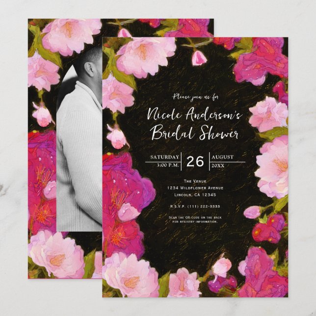 Invitation Élégant Chic Fleurs Roses Florales de Printemps In (Devant / Derrière)