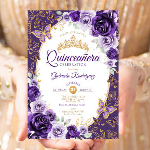 Invitation Elégant Chic Fleurs Violet Or Quinceanera