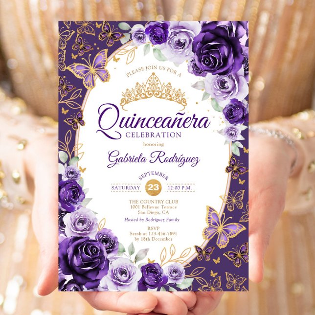 Invitation Elégant Chic Fleurs Violet Or Quinceanera (Créateur téléchargé)