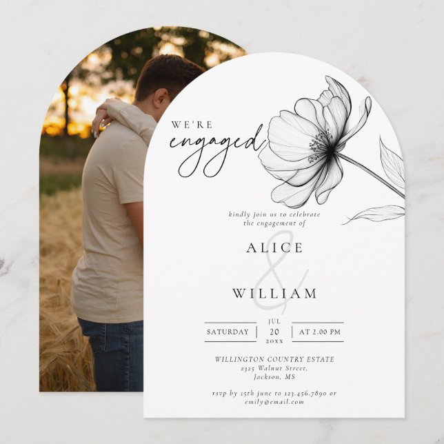 Invitation Elégant Chic Floral Photo Engagement Party Arch (Devant / Derrière)