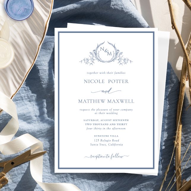 Invitation Élégant Chic Formal Monogramme Dusty Mariage bleu (Créateur téléchargé)