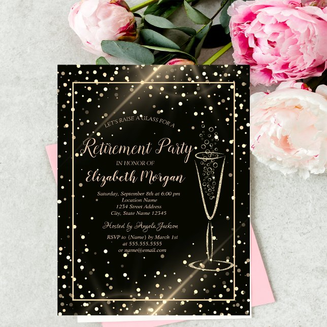 Invitation Élégant Chic Gold Confetti Vin Verre Retraite (Créateur téléchargé)