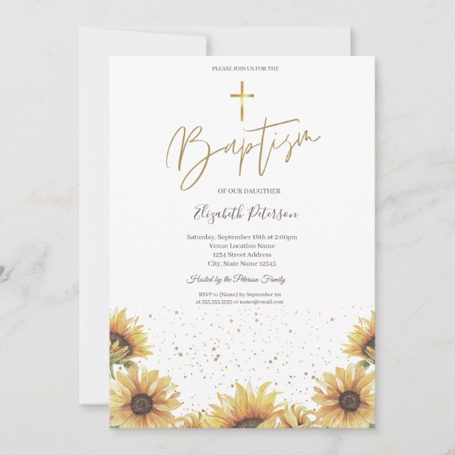Invitation Élégant Chic Gold Cross Sunflowers Baptism (Devant)