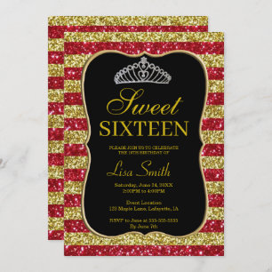 Invitation Elégant Chic Gold Red Parties scintillant Tiara Sw