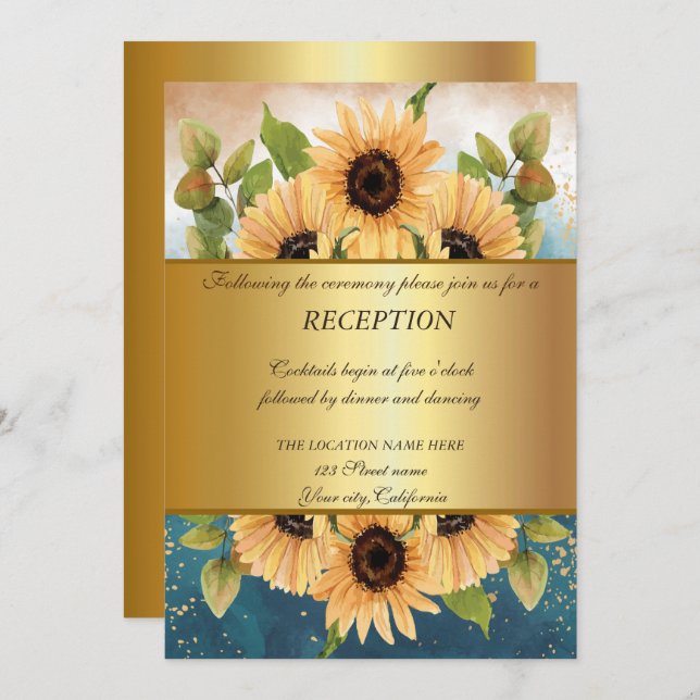 Invitation Elégant Chic Gold, Sunflower Mariage Réception (Devant / Derrière)