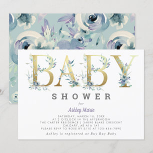 Invitation Elégant Chic Gold Turquoise Blue Flowers Baby show