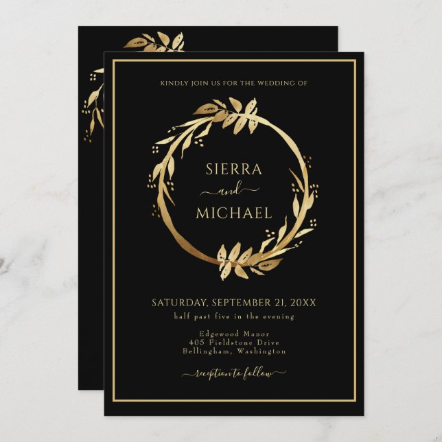 Invitation Élégant Chic Golden Foliage Mariage noir (Devant / Derrière)