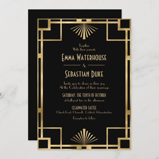 Invitation Élégant chic Great Gatsby Art Déco Mariage (Devant / Derrière)