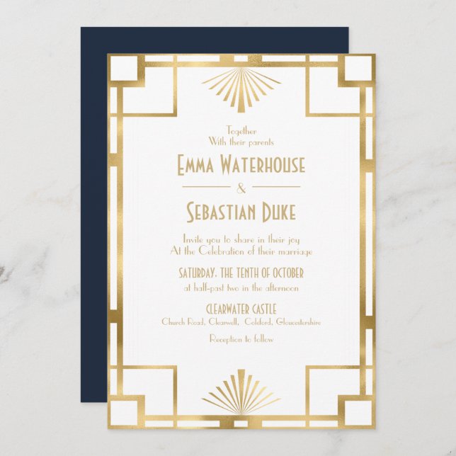 Invitation Élégant chic Great Gatsby Art Déco Mariage Invita (Devant / Derrière)