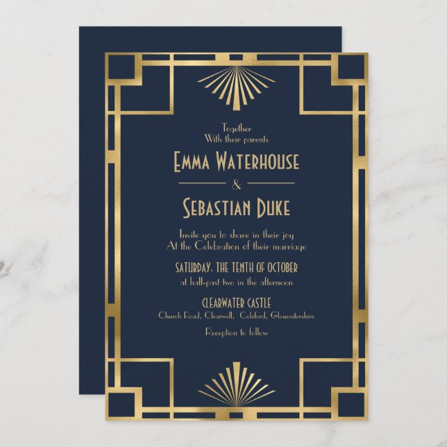 Invitation Élégant chic Great Gatsby Art Déco Mariage Invita (Devant / Derrière)