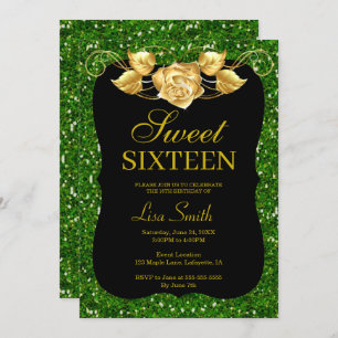 Invitation Élégant chic Green Parties scintillant Gold Rose S