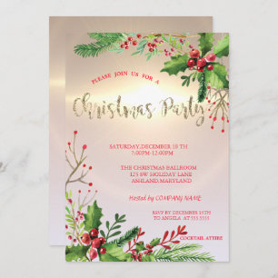 Invitation Elegant Chic Holly Berries Company Fête de Noël