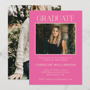 Invitation Élégant Chic Hot Pink Deux Photo Graduation Party