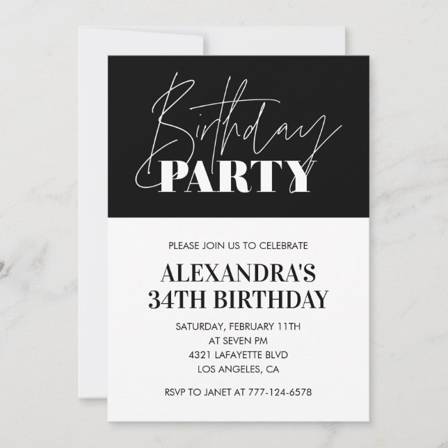 Invitation Élégant Chic lettrage noir blanc 34e anniversaire (Devant)