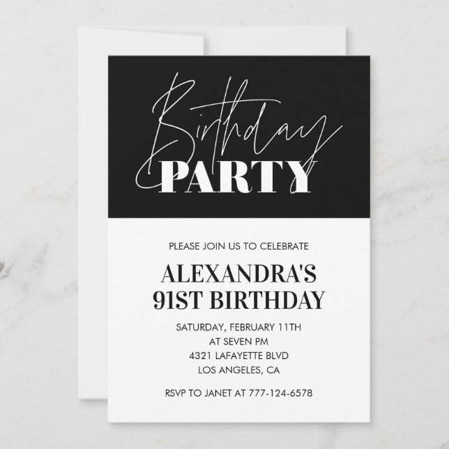 Invitation Élégant Chic Lettre Noir Blanc 91e anniversaire (Devant)