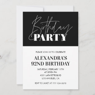 Invitation Élégant Chic Lettre Noir Blanc 92e anniversaire