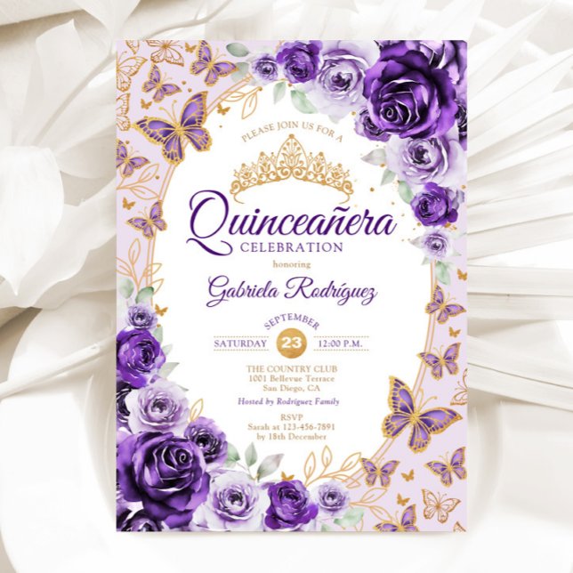 Invitation Elégant Chic Lilas Violet Or Fleur Quinceanera (Créateur téléchargé)