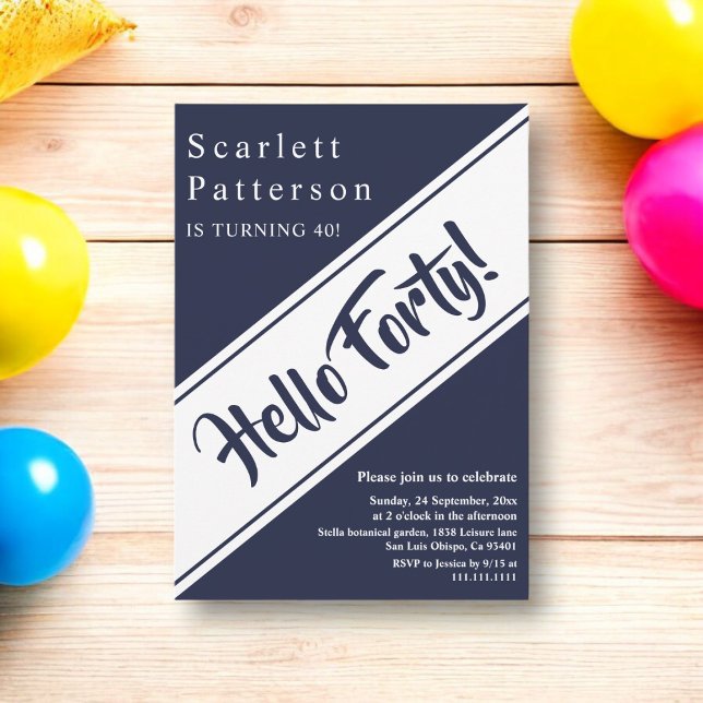 Invitation Elégant Chic Navy Bleu Blanc Moderne 40e anniversa (Créateur téléchargé)