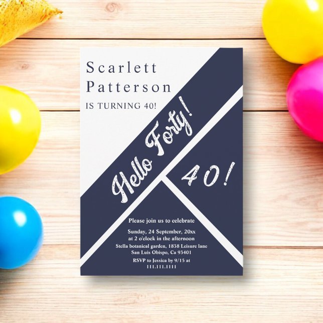 Invitation Elégant Chic Navy Bleu Blanc Moderne 40e anniversa (Créateur téléchargé)