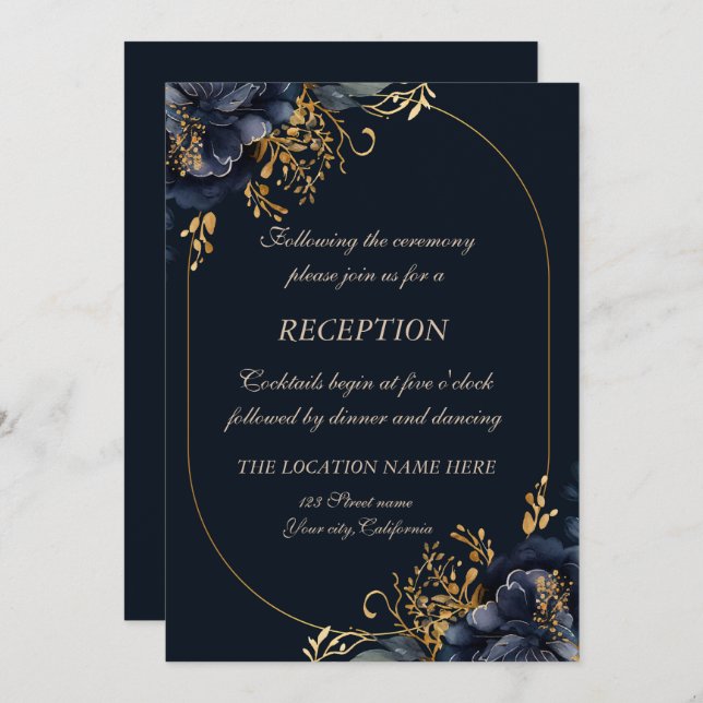Invitation Elégant Chic Navy Blue Flowers (Devant / Derrière)