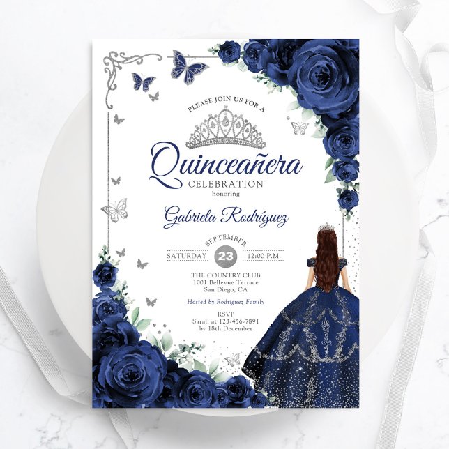 Invitation Elegant Chic Navy Blue Silver Floral Quinceanera (Créateur téléchargé)