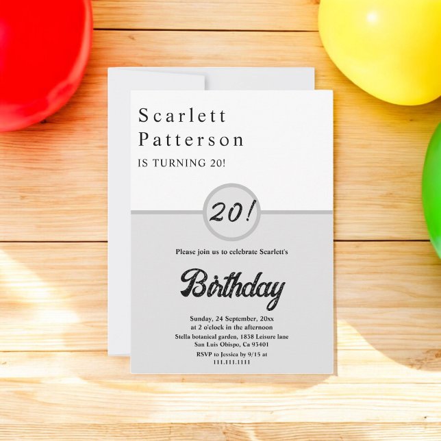 Invitation Elégant Chic noir et blanc gris 20e anniversaire (Créateur téléchargé)