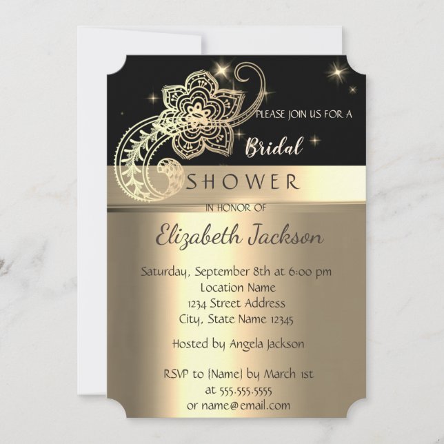 Invitation Élégant  Chic Noir, Paisley Mariage Doré Douche de (Devant)