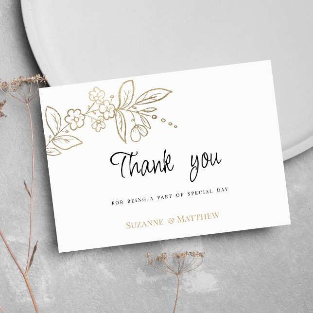 Invitation Elégant chic or blanc simple Merci floral (Elegant chic white gold simple floral Thank You)