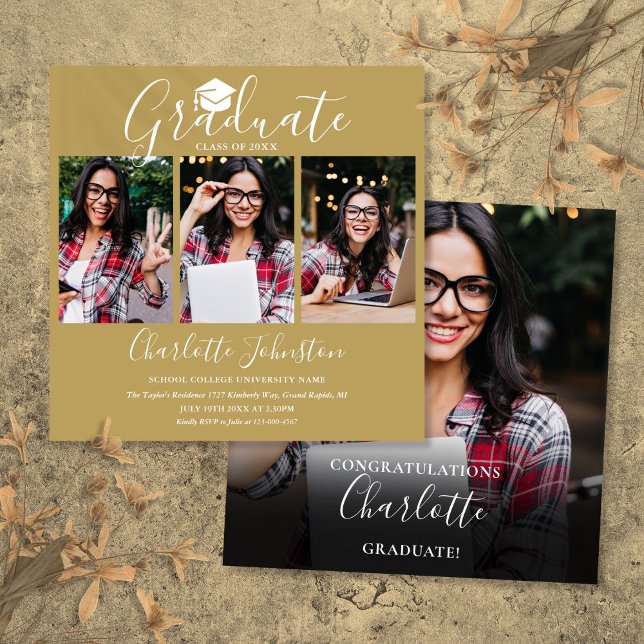 Invitation Élégant Chic Or Écriture 4 Photo Fête de Remise de (Elegant Chic Gold Script 4 Photo Graduation Party Invitation)