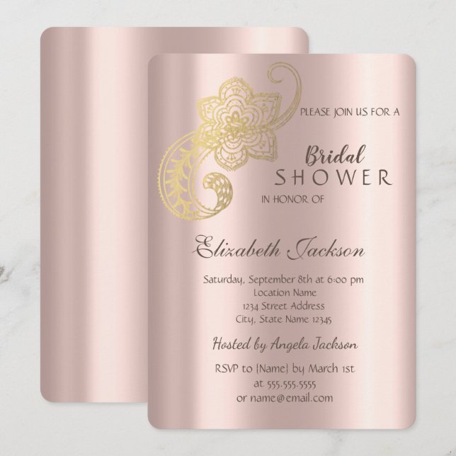 Invitation Élégant Chic Or Paon Rose Doré Mariage  (Devant / Derrière)