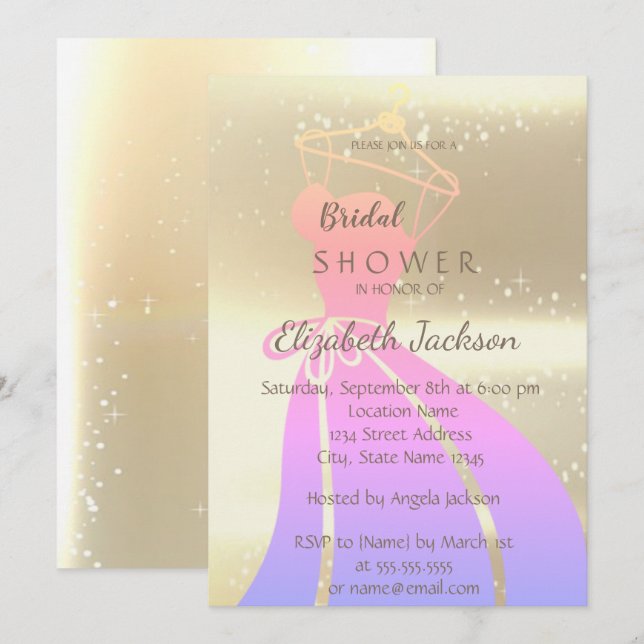 Invitation Élégant Chic Or, Robe de mariée   Enterrement de v (Devant / Derrière)