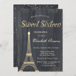 Invitation Elégant Chic Or Tour Eiffel Confetti Sweet 16