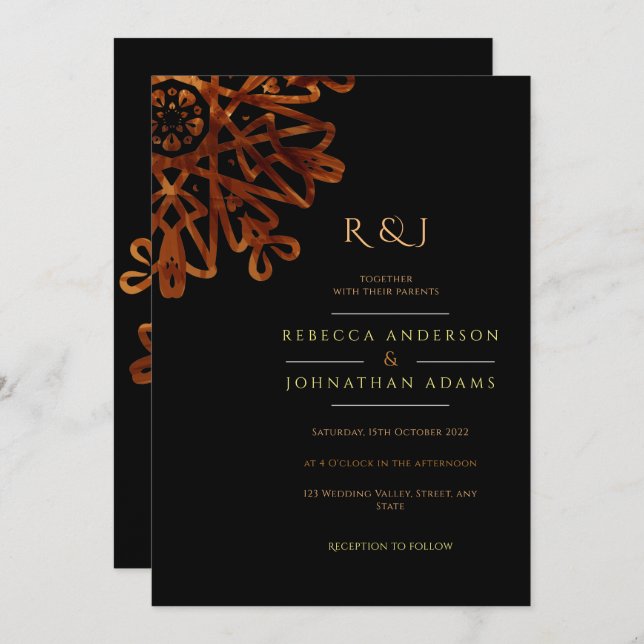 Invitation Élégant chic ornemental Mariage noir et or (Devant / Derrière)