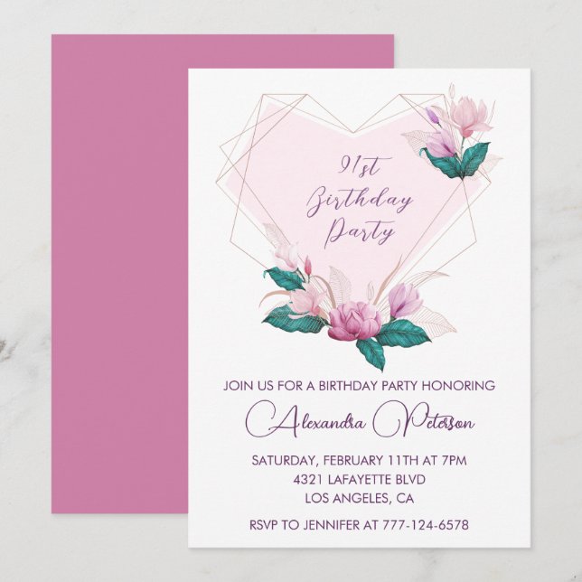 Invitation Elégant Chic Pink Floral 91e anniversaire Invitati (Devant / Derrière)
