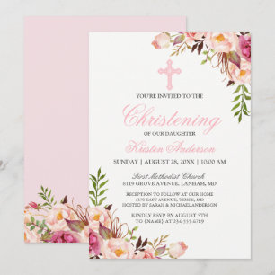 Invitation Élégant Chic Rose Floral Christening Baptême