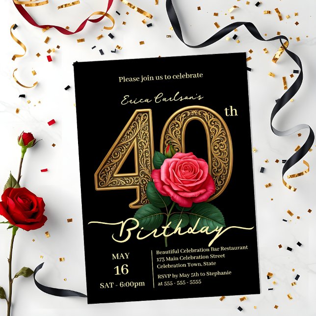 Invitation Élégant Chic Rose Rouge & Or 40e Anniversaire (Créateur téléchargé)