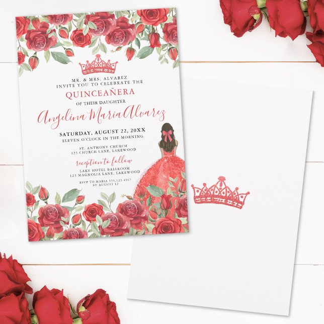 Invitation Élégant Chic Roses Rouges Quinceanera (Red Roses Floral Quinceanera Invitation)