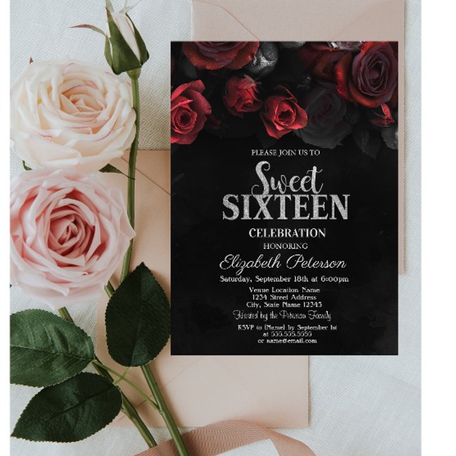 Invitation Élégant Chic Roses Rouges Sweet 16 Noir (Créateur téléchargé)